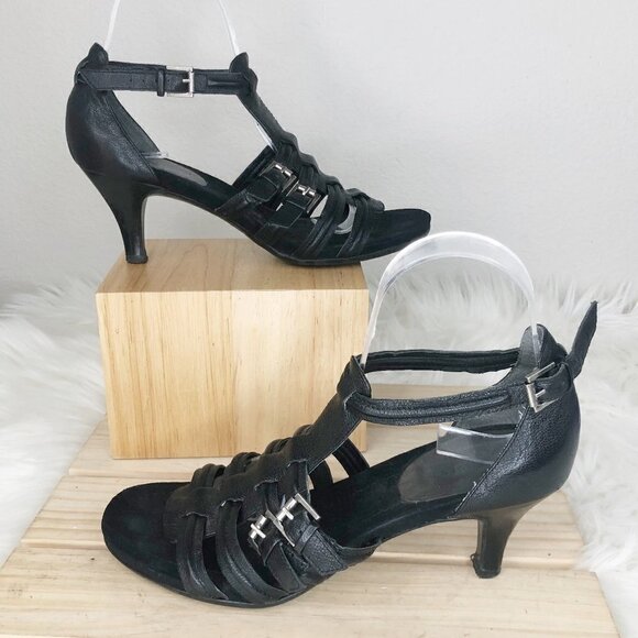 Nine West Black Leather Strappy Open Toe Sandals Size 7.5M - Picture 1 of 5